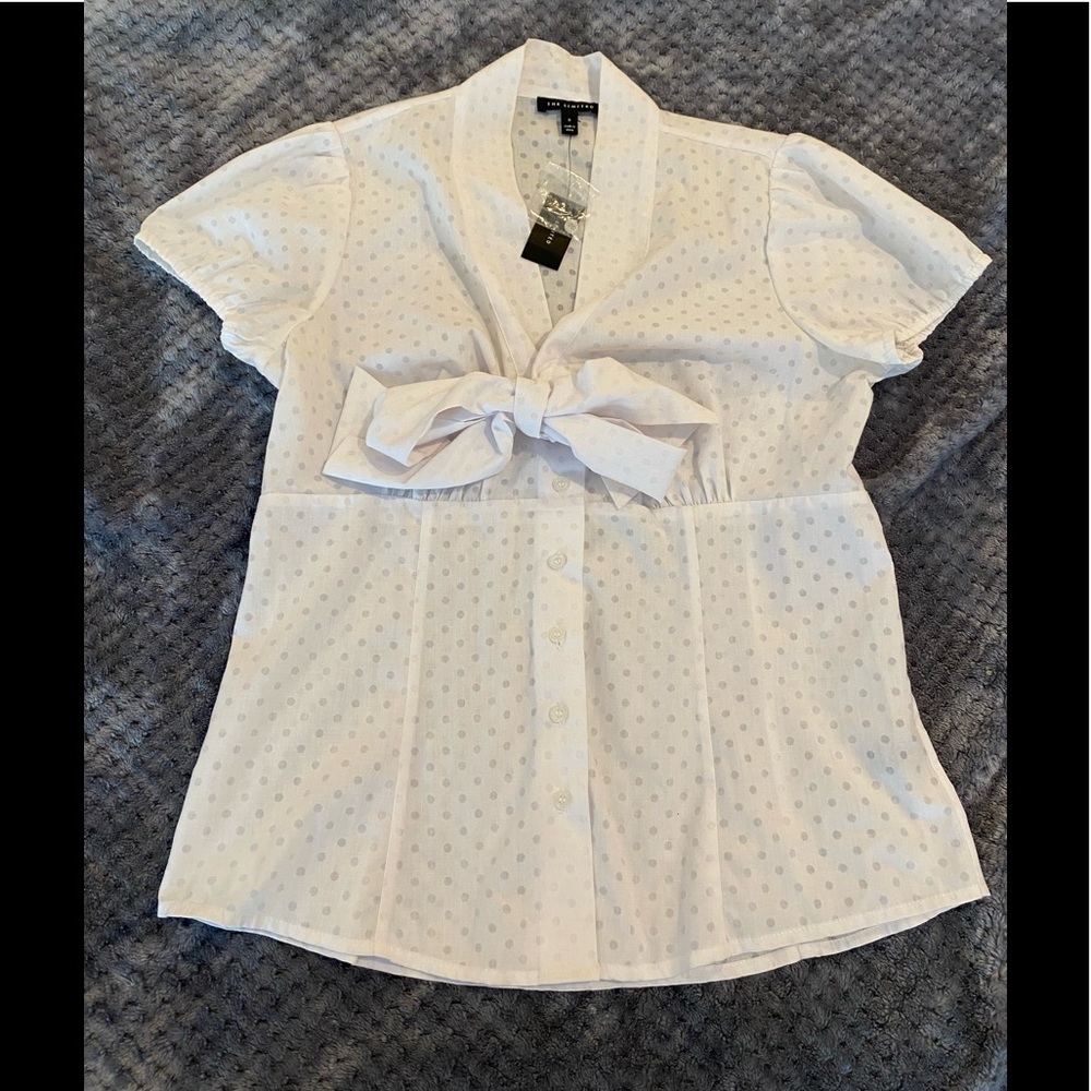NWT The Limited white polka dot tie front short sleeve button down top